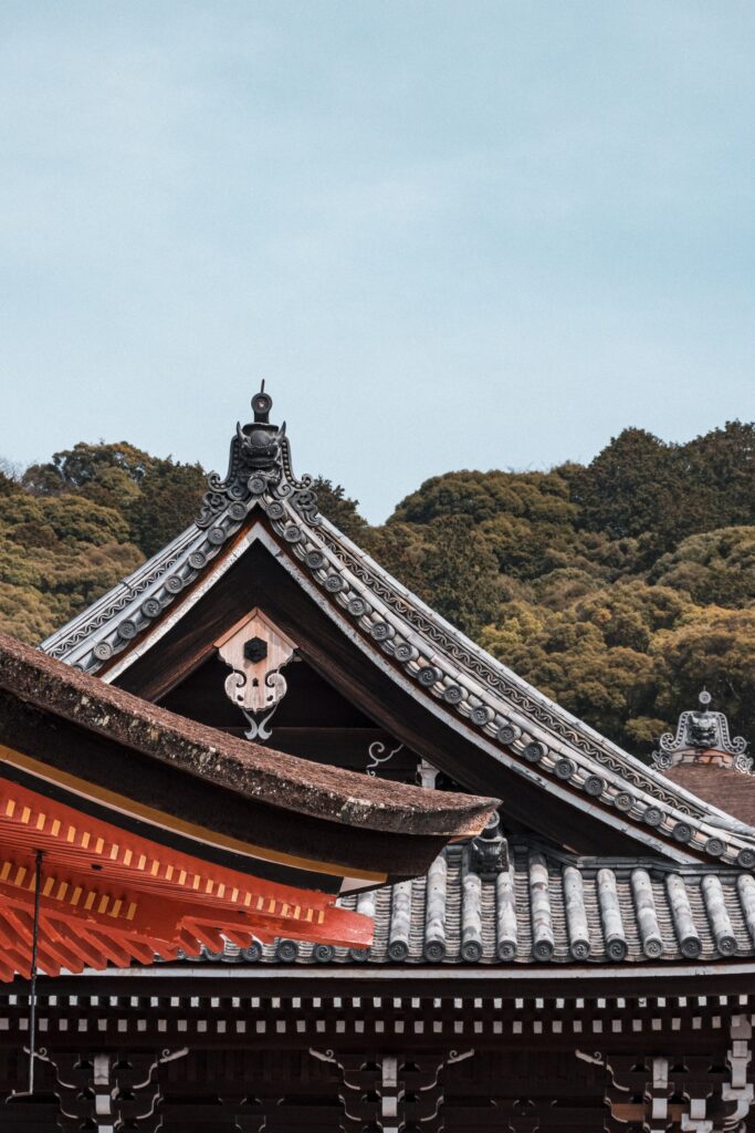 層疊的寺院屋頂與山牆，背後是綠色山坡